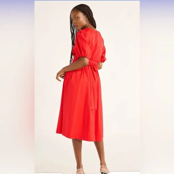 Free Assembly Red Cotton Bow Wrap Around Tie Midi Dress with Puff Sleeves - Picture 2 of 14